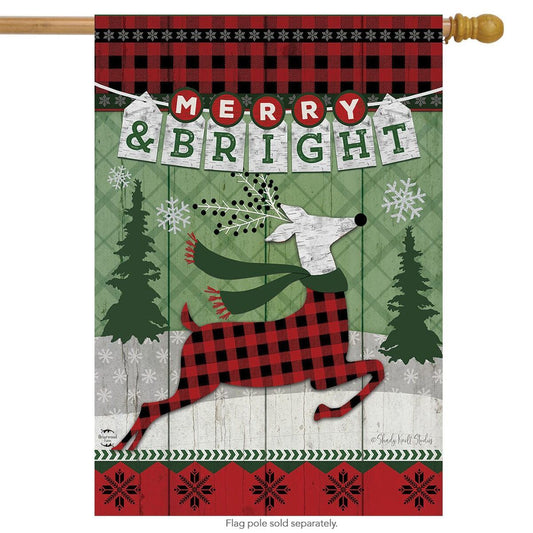 "Merry & Bright Reindeer" Printed Seasonal House Flag; Polyester
