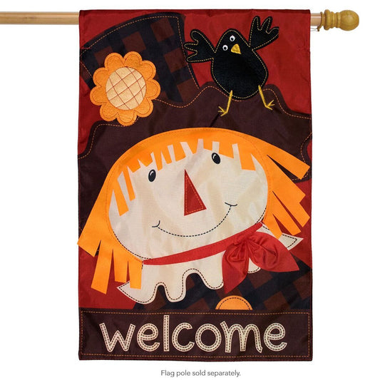 "Welcome Scarecrow" Applique Seasonal House Flag; Polyester