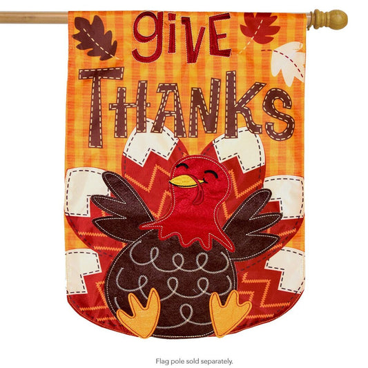 Give Thanks Turkey Applique Seasonal House Flag; Polyester