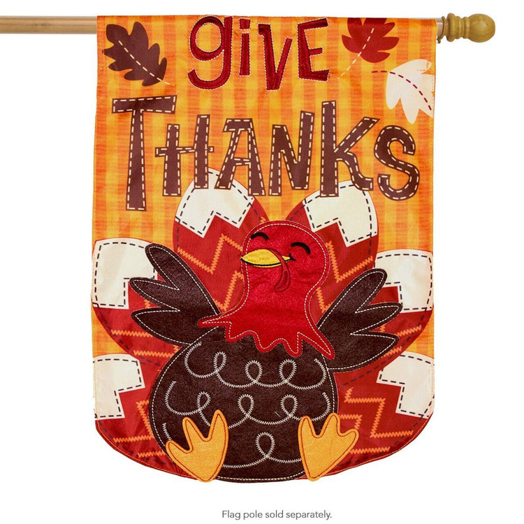 "Give Thanks Turkey" Applique Seasonal House Flag; Polyester